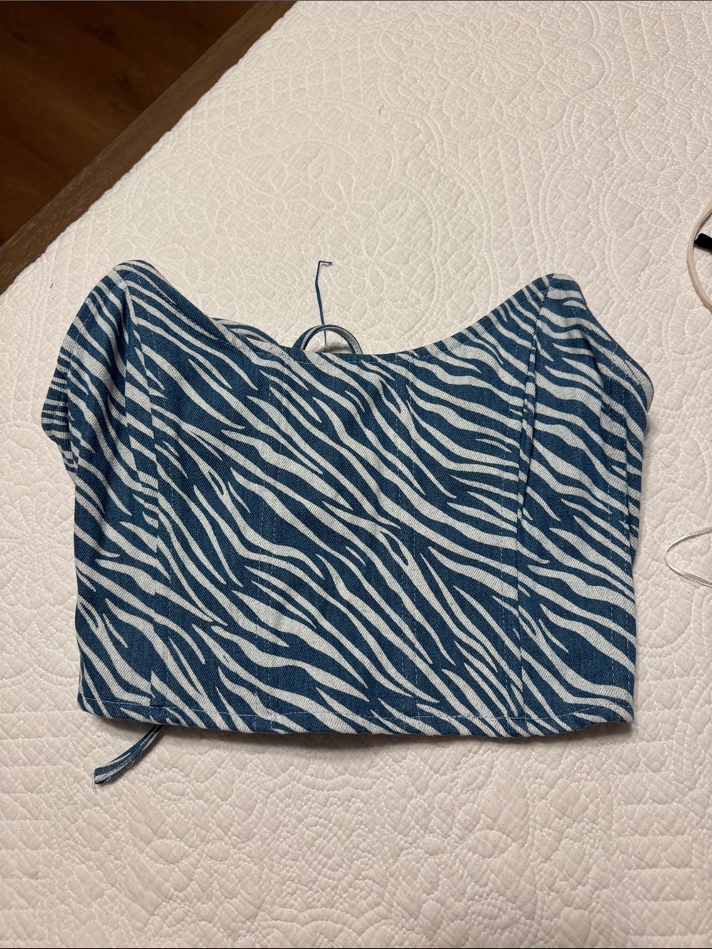 Blue Zebra-Print Strapless Crop Top